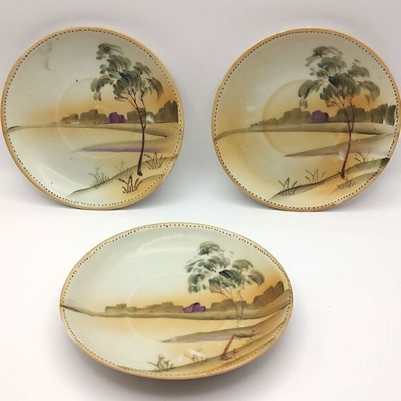 Antique Hand Painted Nippon Saucers Set of 6 - Picture 6 of 8
